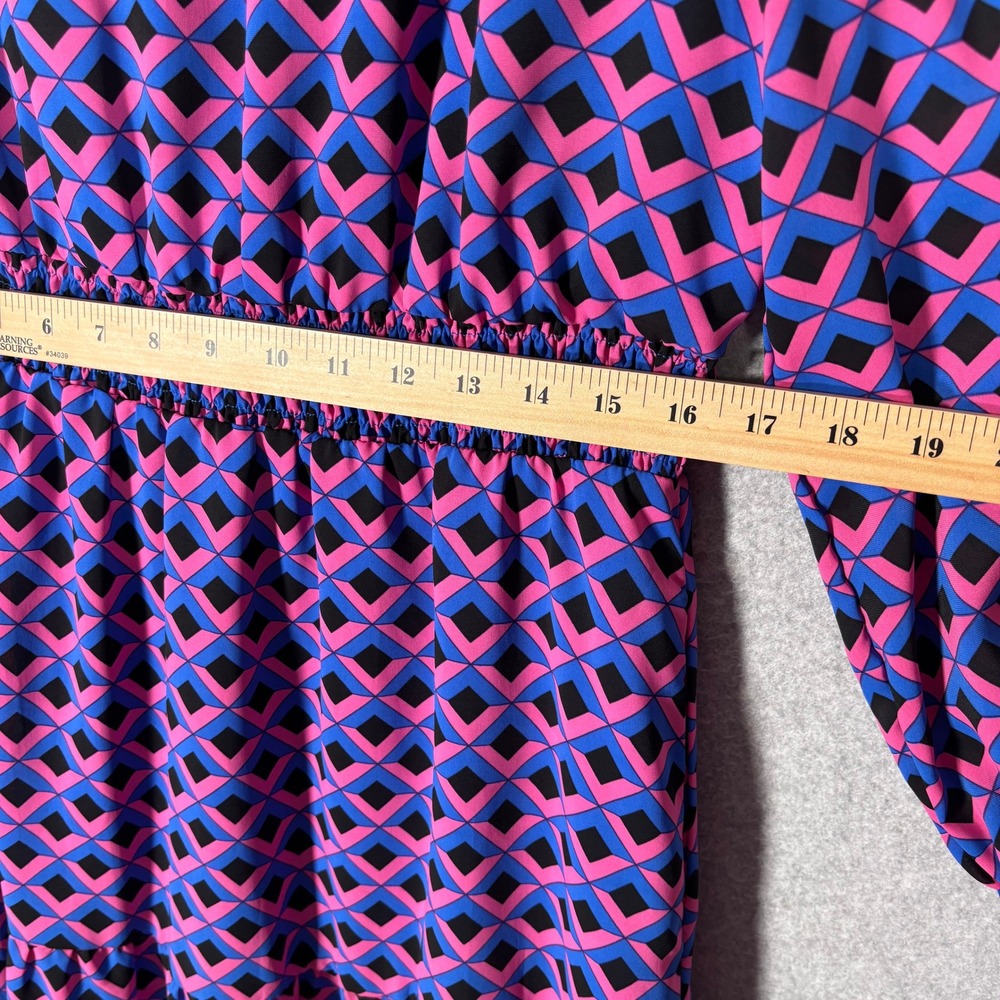 Pretty Garden Tiered Midi Dress XL Pink‎ Blue Geometric Smocked Retro Maximalist - Picture 8 of 13